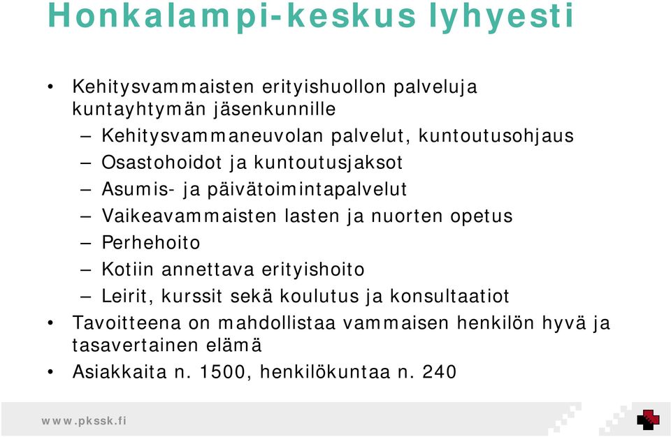 Vaikeavammaisten lasten ja nuorten opetus Perhehoito Kotiin annettava erityishoito Leirit, kurssit sekä koulutus