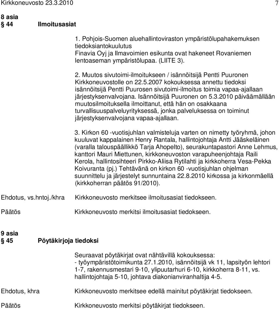 Muutos sivutoimi-ilmoitukseen / isännöitsijä Pentti Puuronen Kirkkoneuvostolle on 22.5.