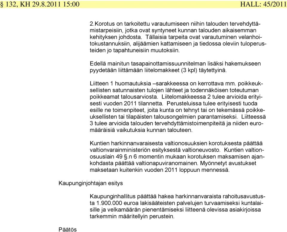 Edellä mainitun tasapainottamissuunnitelman lisäksi hakemukseen pyydetään liittämään liitelomakkeet (3 kpl) täytettyinä. Liitteen 1 huomautuksia sarakkeessa on kerrottava mm.