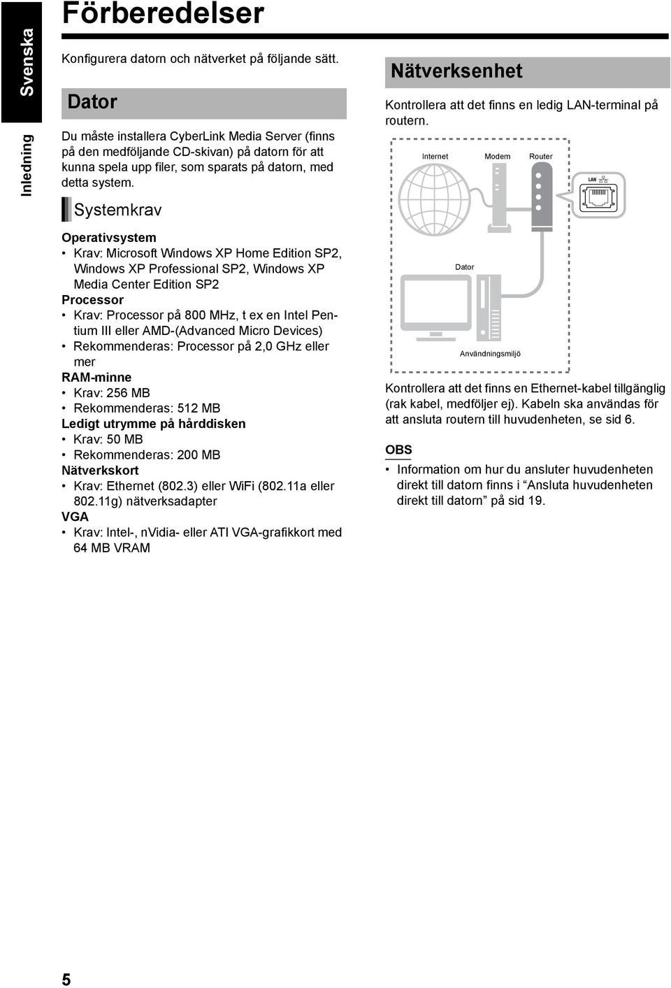 Systemkrav Nätverksenhet Kontrollera att det finns en ledig LAN-terminal på routern.