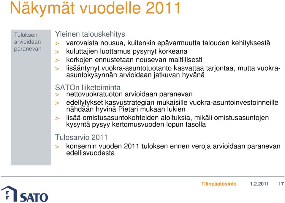 nettovuokratuoton arvioidaan paranevan > edellytykset kasvustrategian mukaisille vuokra-asuntoinvestoinneille nähdään hyvinä Pietari mukaan lukien > lisää omistusasuntokohteiden
