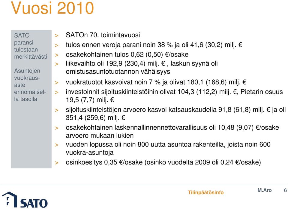 > investoinnit sijoituskiinteistöihin olivat 14,3 (112,2) milj., Pietarin osuus 19,5 (7,7) milj. > sijoituskiinteistöjen arvoero kasvoi katsauskaudella 91,8 (61,8) milj. ja oli 351,4 (259,6) milj.