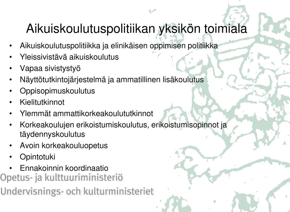 Oppisopimuskoulutus Kielitutkinnot Ylemmät ammattikorkeakoulututkinnot Korkeakoulujen