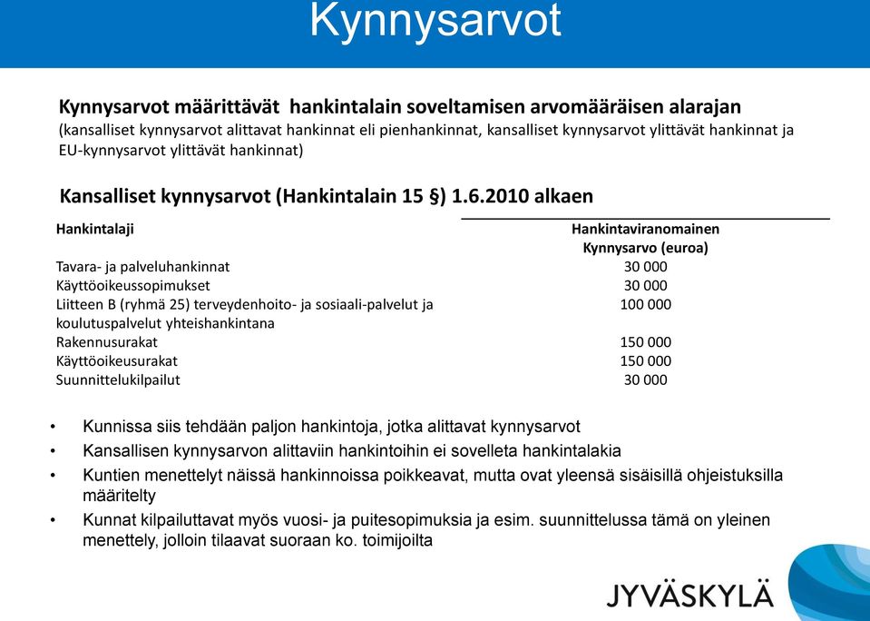 2010 alkaen Hankintalaji Hankintaviranomainen Kynnysarvo (euroa) Tavara- ja palveluhankinnat 30 000 Käyttöoikeussopimukset 30 000 Liitteen B (ryhmä 25) terveydenhoito- ja sosiaali-palvelut ja 100 000