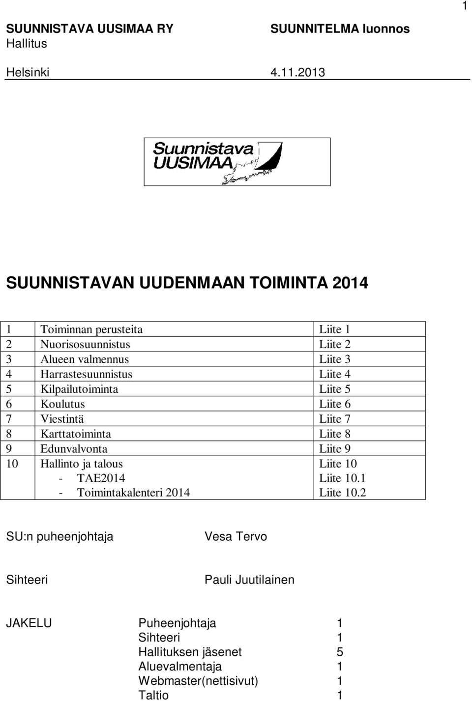 Harrastesuunnistus Liite 4 5 Kilpailutoiminta Liite 5 6 Koulutus Liite 6 7 Viestintä Liite 7 8 Karttatoiminta Liite 8 9 Edunvalvonta Liite 9 10