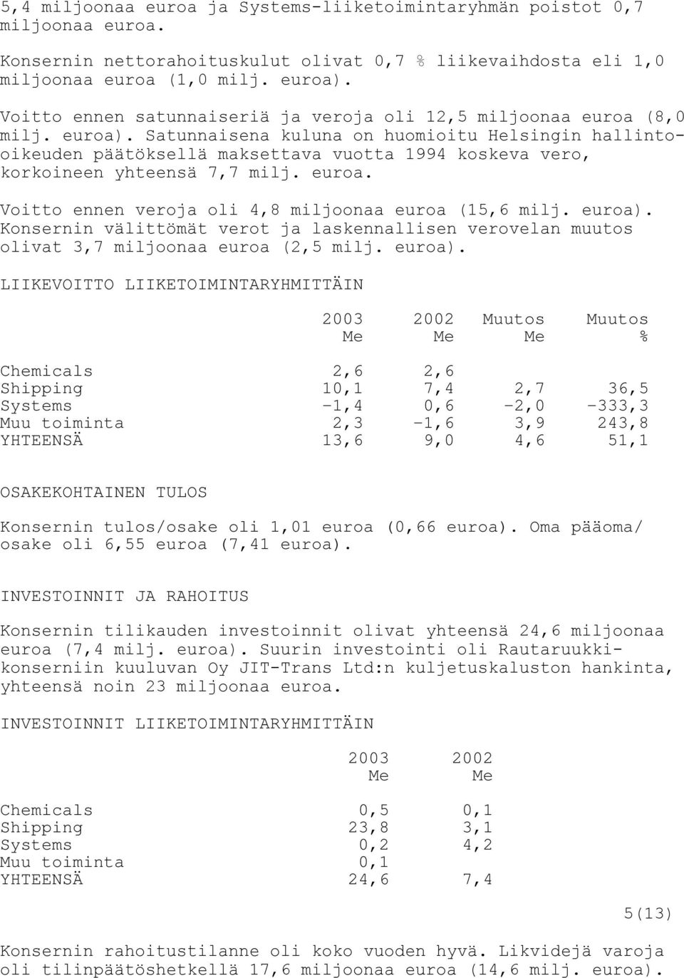 Satunnaisena kuluna on huomioitu Helsingin hallintooikeuden päätöksellä maksettava vuotta 1994 koskeva vero, korkoineen yhteensä 7,7 milj. euroa.