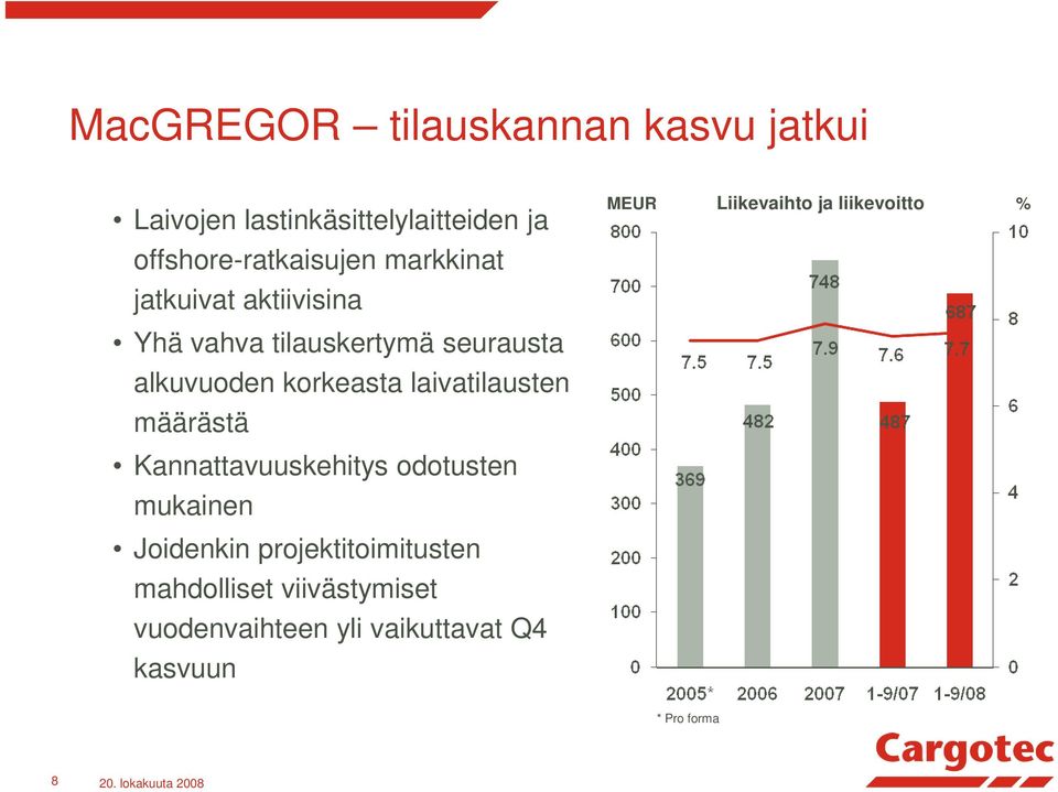 laivatilausten määrästä Kannattavuuskehitys odotusten mukainen Joidenkin projektitoimitusten