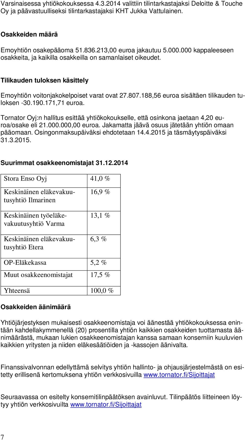 188,56 euroa sisältäen tilikauden tuloksen -30.190.171,71 euroa. Tornator Oyj:n hallitus esittää yhtiökokoukselle, että osinkona jaetaan 4,20 euroa/osake eli 21.000.000,00 euroa.
