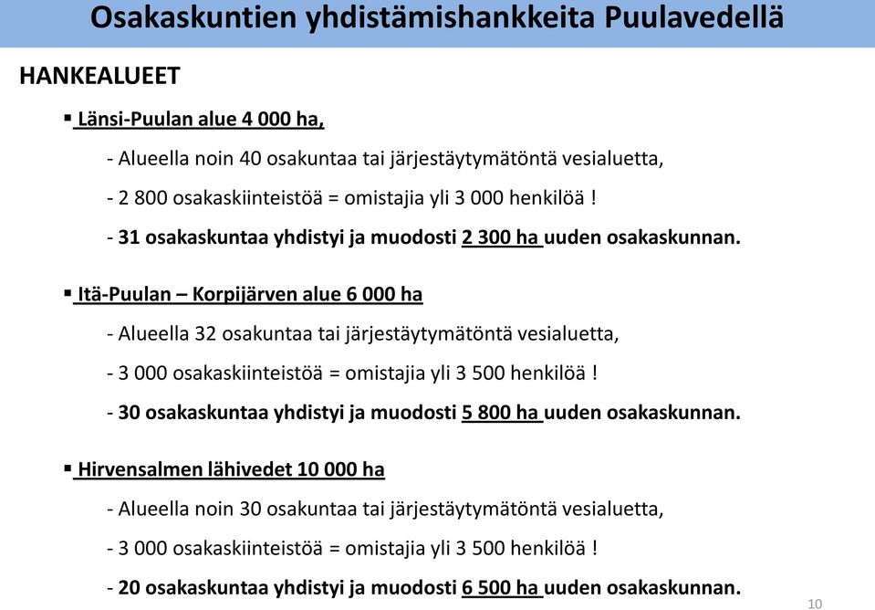 Itä-Puulan Korpijärven alue 6 000 ha - Alueella 32 osakuntaa tai järjestäytymätöntä vesialuetta, - 3 000 osakaskiinteistöä = omistajia yli 3 500 henkilöä!