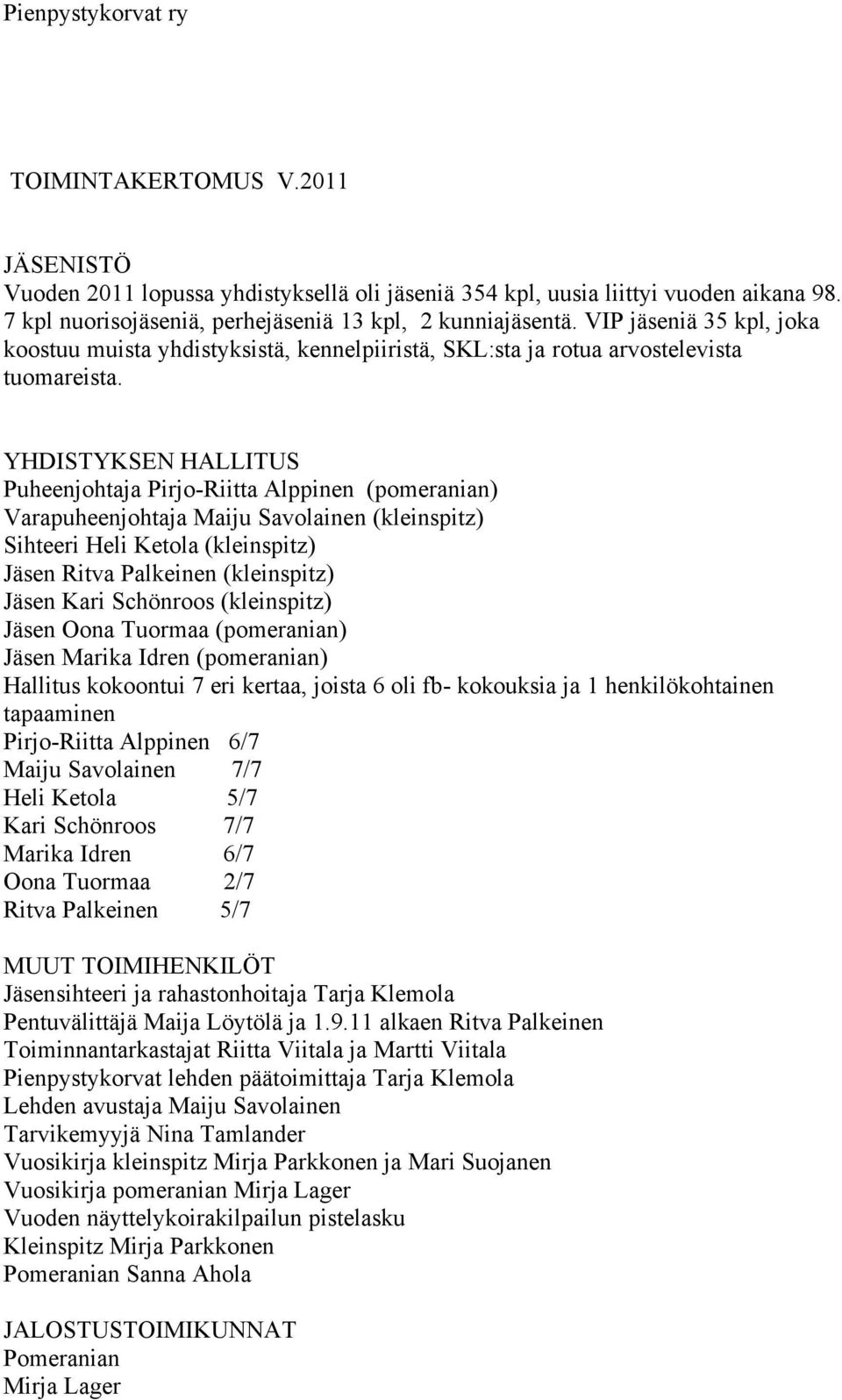 YHDISTYKSEN HALLITUS Puheenjohtaja Pirjo-Riitta Alppinen (pomeranian) Varapuheenjohtaja Maiju Savolainen (kleinspitz) Sihteeri Heli Ketola (kleinspitz) Jäsen Ritva Palkeinen (kleinspitz) Jäsen Kari