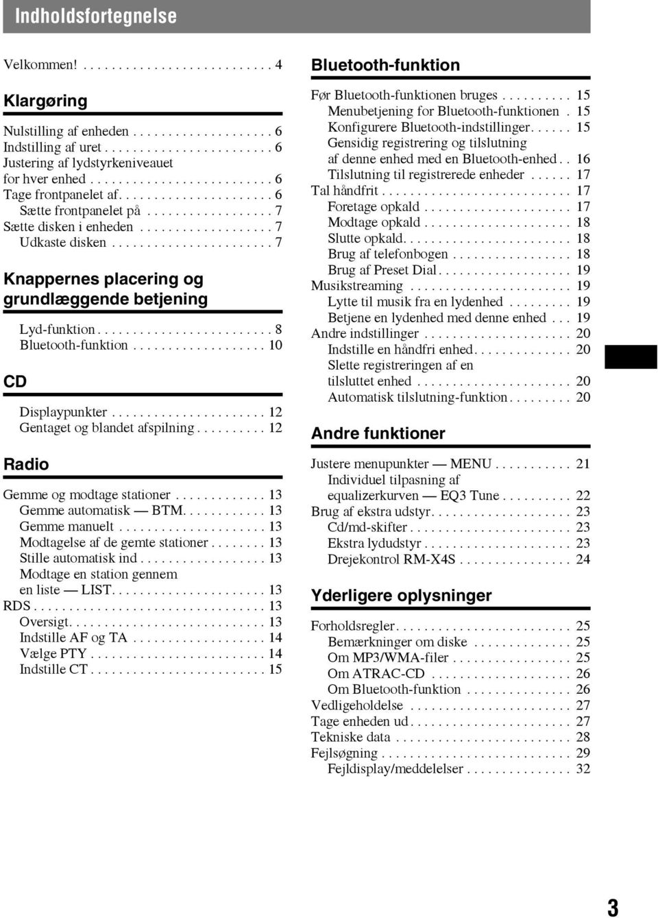 ...................... 7 Knappernes placering og grundlæggende betjening CD Lyd-funktion......................... 8 Bluetooth-funktion................... 10 Displaypunkter.