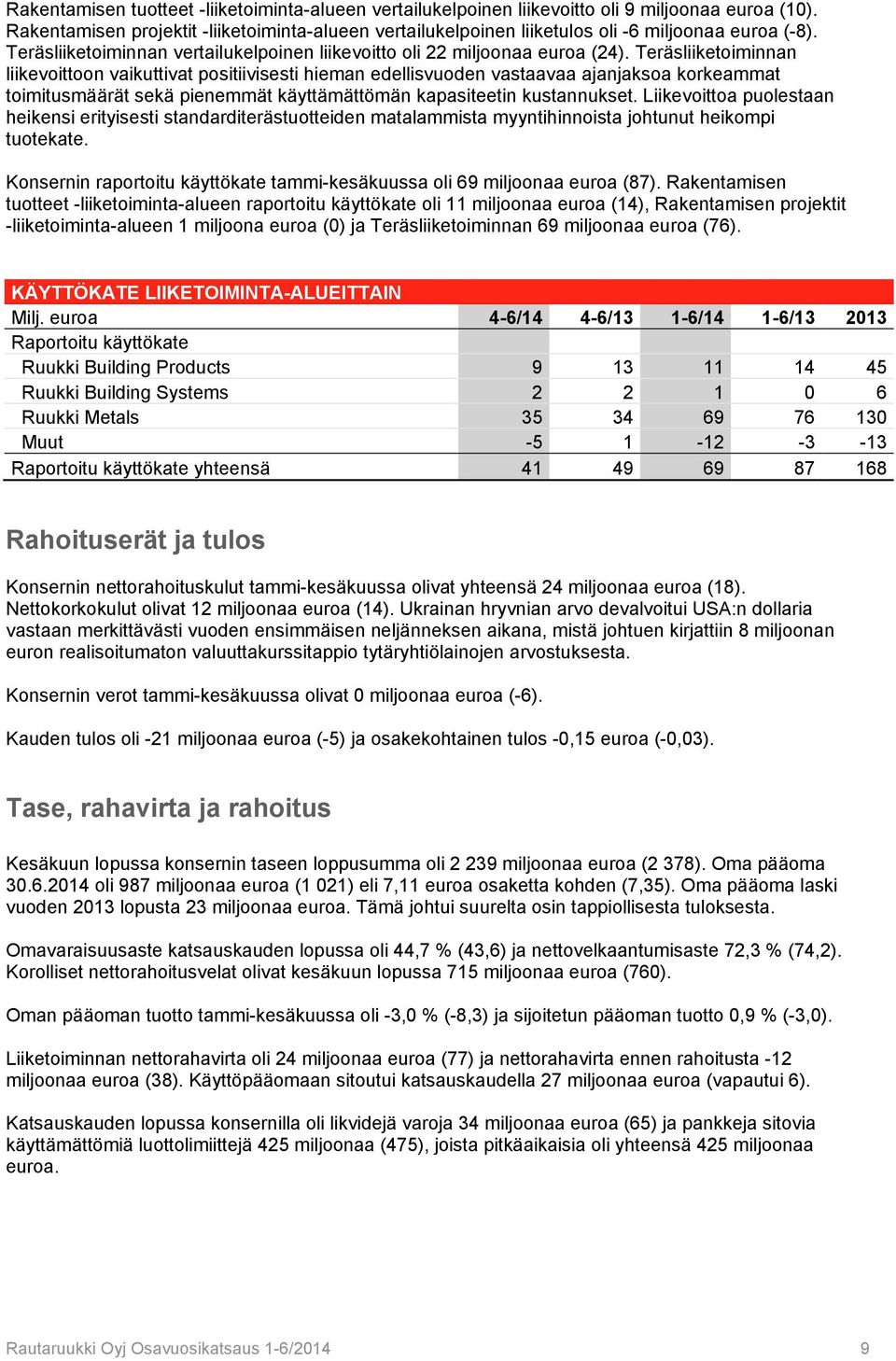 Teräsliiketoiminnan liikevoittoon vaikuttivat positiivisesti hieman edellisvuoden vastaavaa ajanjaksoa korkeammat toimitusmäärät sekä pienemmät käyttämättömän kapasiteetin kustannukset.