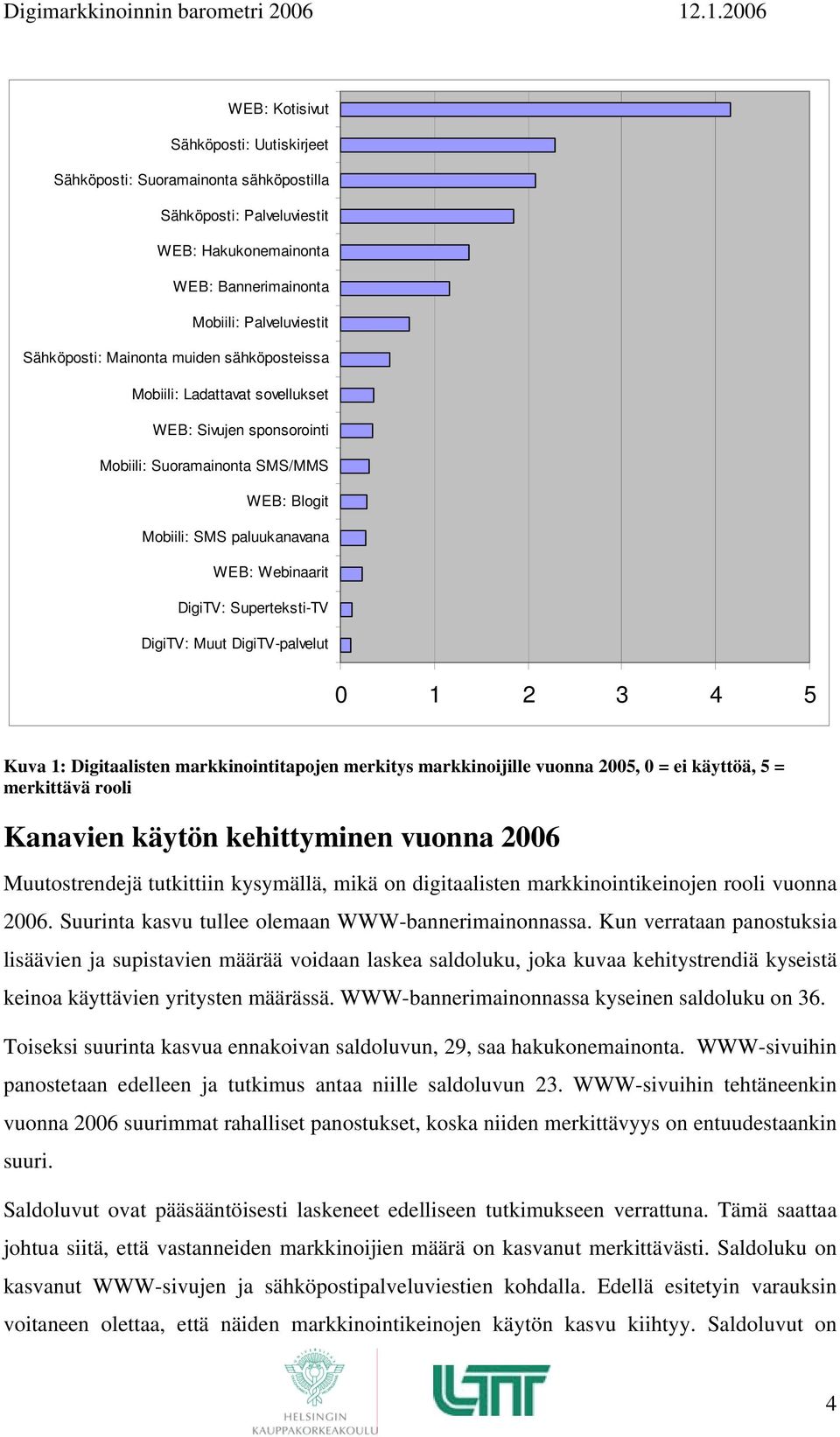 Muut DigiTV-palvelut 0 1 2 3 4 5 Kuva 1: Digitaalisten markkinointitapojen merkitys markkinoijille vuonna 2005, 0 = ei käyttöä, 5 = merkittävä rooli Kanavien käytön kehittyminen vuonna 2006