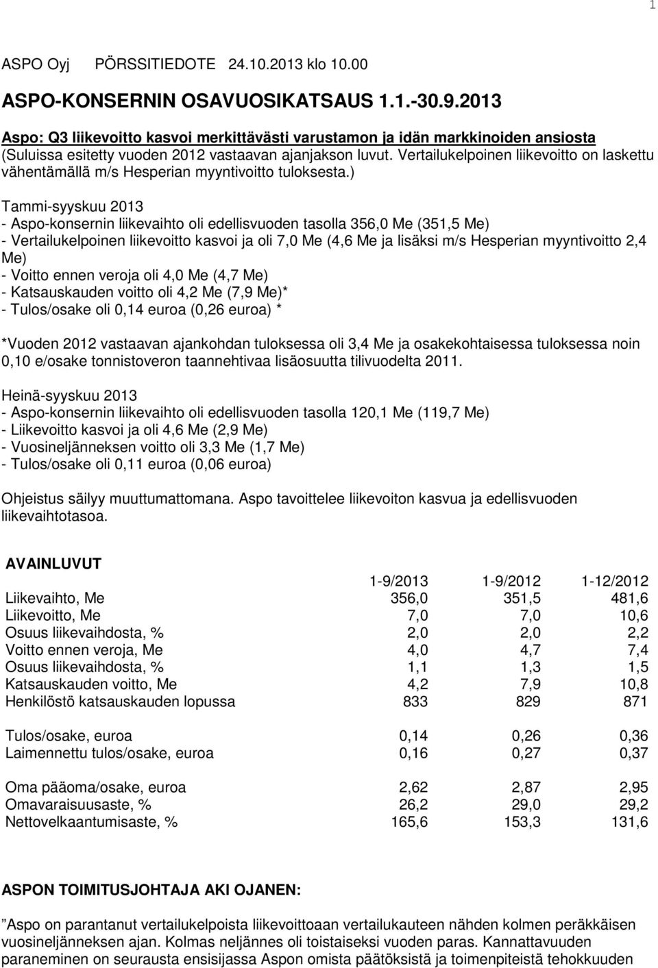 Vertailukelpoinen liikevoitto on laskettu vähentämällä m/s Hesperian myyntivoitto tuloksesta.