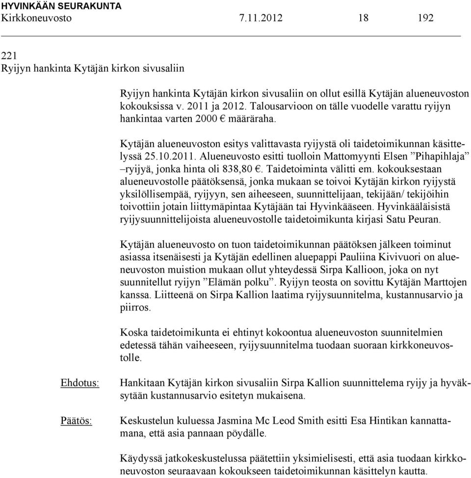 Alueneuvosto esitti tuolloin Mattomyynti Elsen Pihapihlaja ryijyä, jonka hinta oli 838,80. Taidetoiminta välitti em.