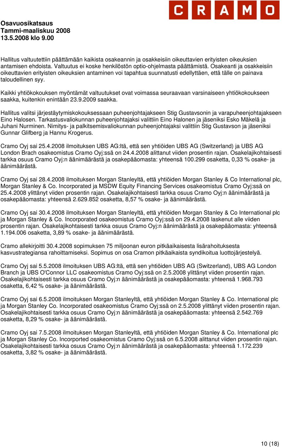 Kaikki yhtiökokouksen myöntämät valtuutukset ovat voimassa seuraavaan varsinaiseen yhtiökokoukseen saakka, kuitenkin enintään 23.9.2009 saakka.