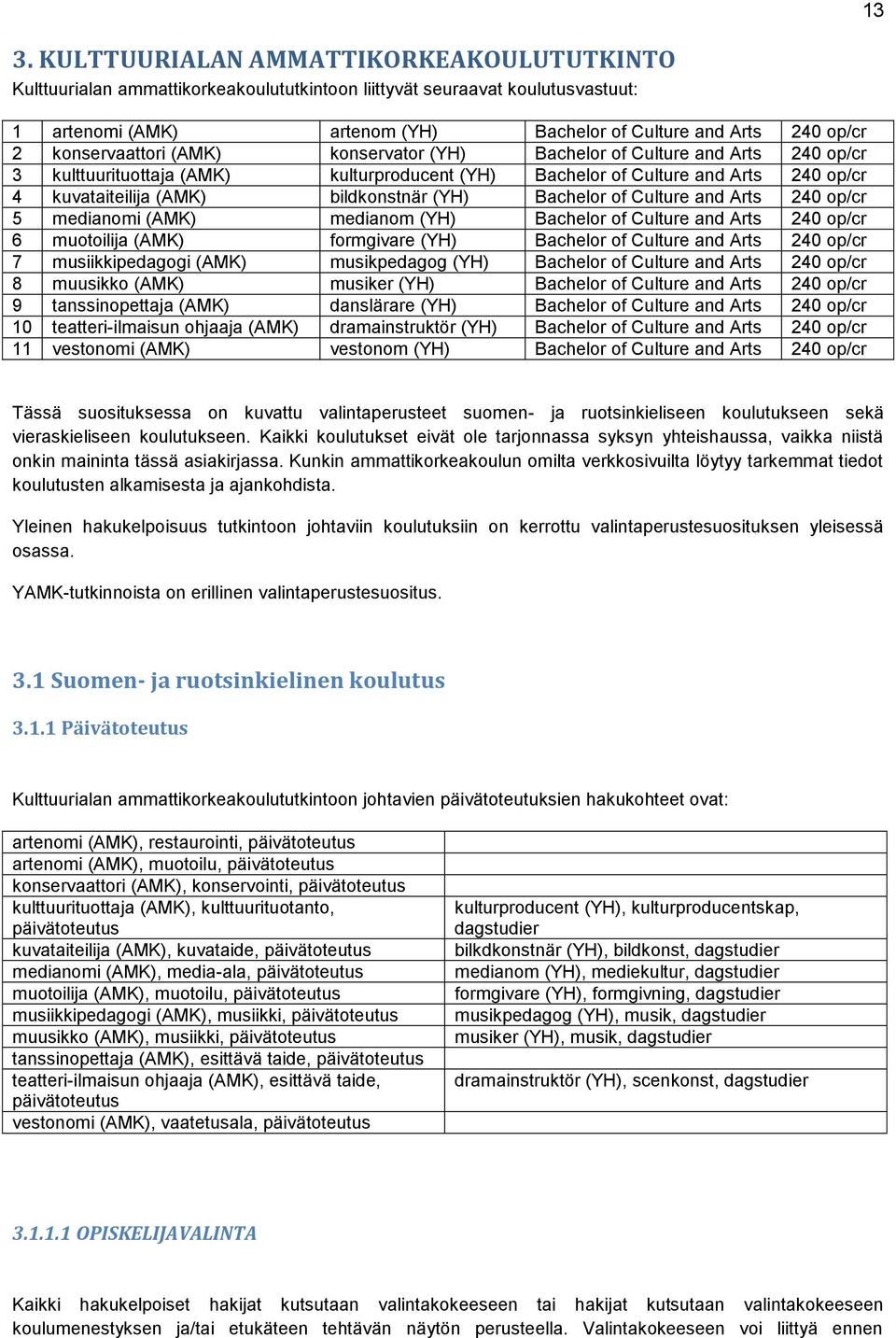 (YH) Bachelor of Culture and Arts 240 op/cr 5 medianomi (AMK) medianom (YH) Bachelor of Culture and Arts 240 op/cr 6 muotoilija (AMK) formgivare (YH) Bachelor of Culture and Arts 240 op/cr 7