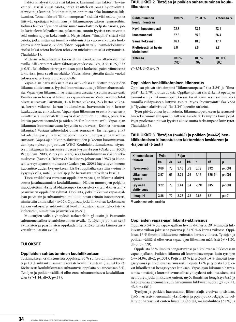 Toinen faktori liikunnanopetus sisältää viisi osiota, jotka liittyvät opettajan toimintaan ja liikunnanopetuksen resursseihin.