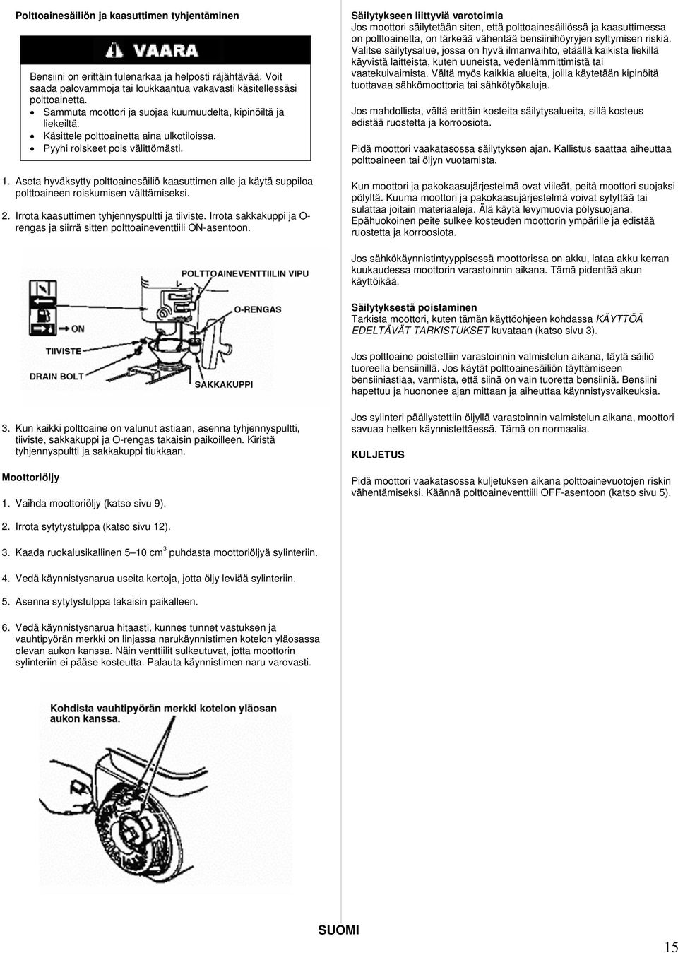 Aseta hyväksytty polttoainesäiliö kaasuttimen alle ja käytä suppiloa polttoaineen roiskumisen välttämiseksi. 2. Irrota kaasuttimen tyhjennyspultti ja tiiviste.