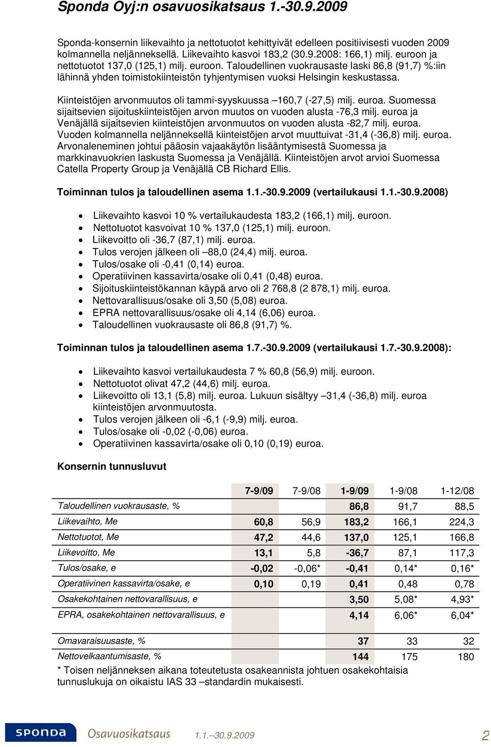 Kiinteistöjen arvonmuutos oli tammi-syyskuussa 160,7 (-27,5) milj. euroa. Suomessa sijaitsevien sijoituskiinteistöjen arvon muutos on vuoden alusta -76,3 milj.