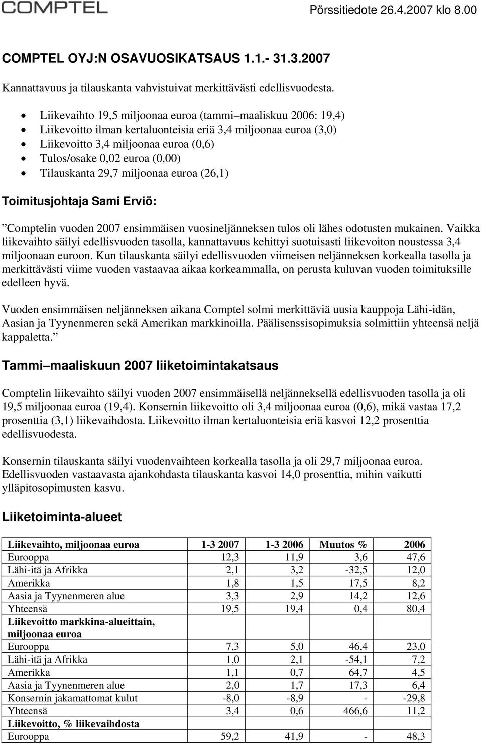 Tilauskanta 29,7 miljoonaa euroa (26,1) Toimitusjohtaja Sami Erviö: Comptelin vuoden 2007 ensimmäisen vuosineljänneksen tulos oli lähes odotusten mukainen.