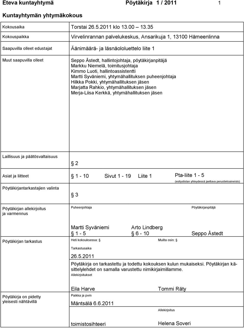 pöytäkirjanpitäjä Markku Niemelä, toimitusjohtaja Kimmo Luoti, hallintoassistentti Martti Syväniemi, yhtymähallituksen puheenjohtaja Hilkka Pokki, yhtymähallituksen jäsen Marjatta Rahkio,