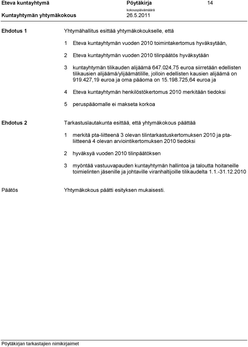 198.725,64 euroa ja 4 Eteva kuntayhtymän henkilöstökertomus 2010 merkitään tiedoksi 5 peruspääomalle ei makseta korkoa Ehdotus 2 Tarkastuslautakunta esittää, että yhtymäkokous päättää 1 merkitä
