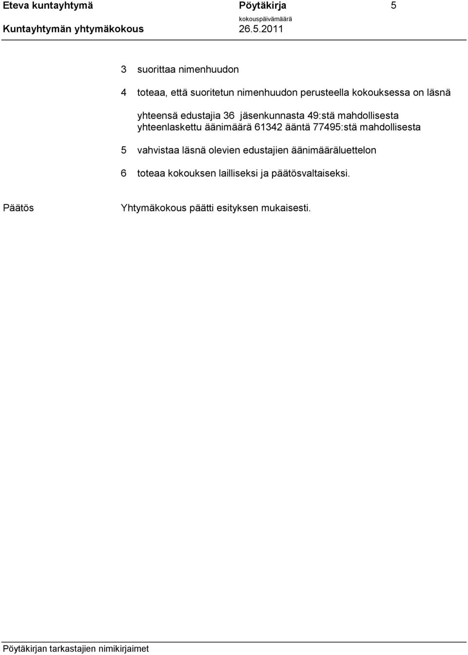yhteenlaskettu äänimäärä 61342 ääntä 77495:stä mahdollisesta 5 vahvistaa läsnä olevien edustajien