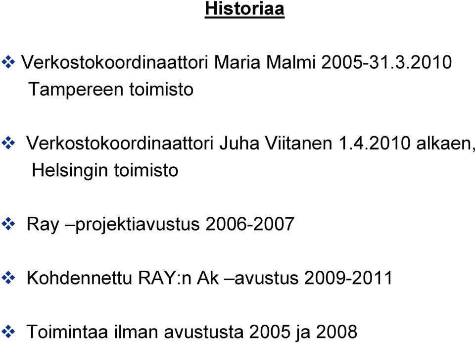 1.4.2010 alkaen, Helsingin toimisto Ray projektiavustus