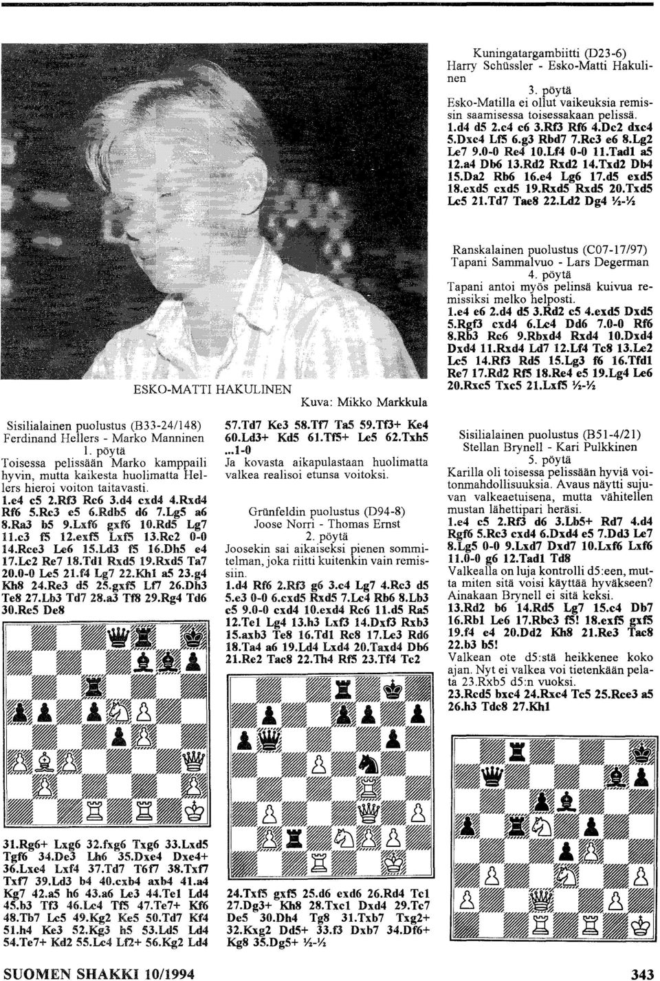 Ld2 Dg4 YZ-YZ Sisilialainen puolustus (B33-241148) Ferdinand Hellers - Marko Manninen 1. pöytä Toisessa pelissään Marko kamppaili hyvin, mutta kaikesta huolimatta Hellers hieroi voiton taitavasti. 1.e4 es 2.