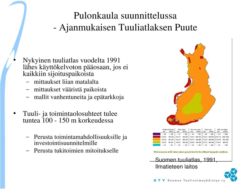 paikoista mallit vanhentuneita ja epätarkkoja Tuuli- ja toimintaolosuhteet tulee tuntea 100-150 m korkeudessa