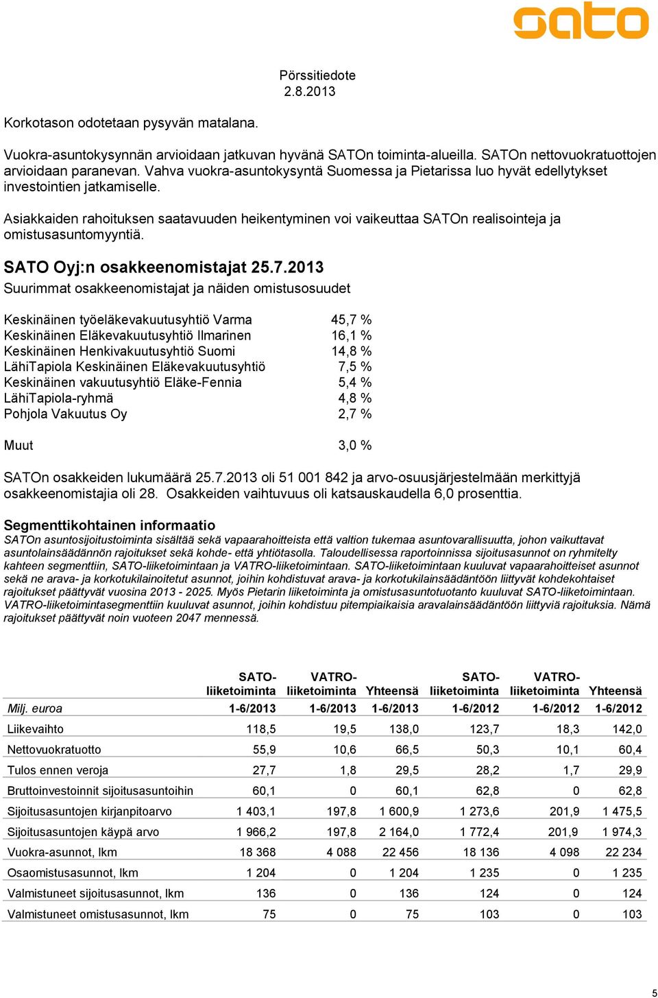 Asiakkaiden rahoituksen saatavuuden heikentyminen voi vaikeuttaa SATOn realisointeja ja omistusasuntomyyntiä. SATO Oyj:n osakkeenomistajat 25.7.