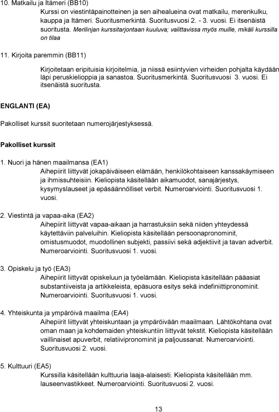 Kirjoita paremmin (BB11) Kirjoitetaan eripituisia kirjoitelmia, ja niissä esiintyvien virheiden pohjalta käydään läpi peruskielioppia ja sanastoa. Suoritusmerkintä. Suoritusvuosi 3. vuosi.