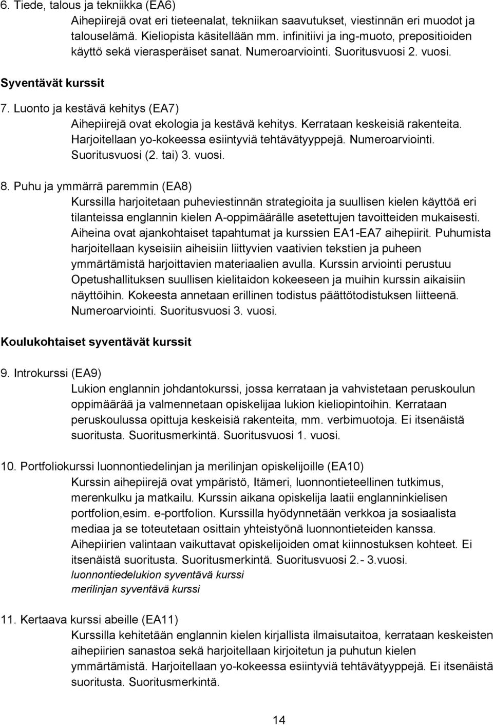 Luonto ja kestävä kehitys (EA7) Aihepiirejä ovat ekologia ja kestävä kehitys. Kerrataan keskeisiä rakenteita. Harjoitellaan yo-kokeessa esiintyviä tehtävätyyppejä. Numeroarviointi. Suoritusvuosi (2.