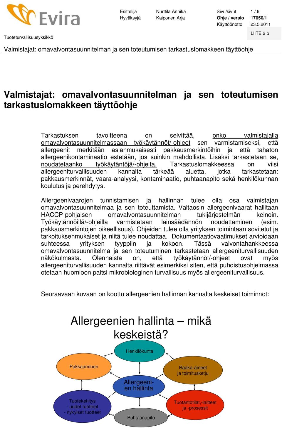 mahdollista. Lisäksi tarkastetaan se, noudatetaanko työkäytäntöjä/-ohjeita.
