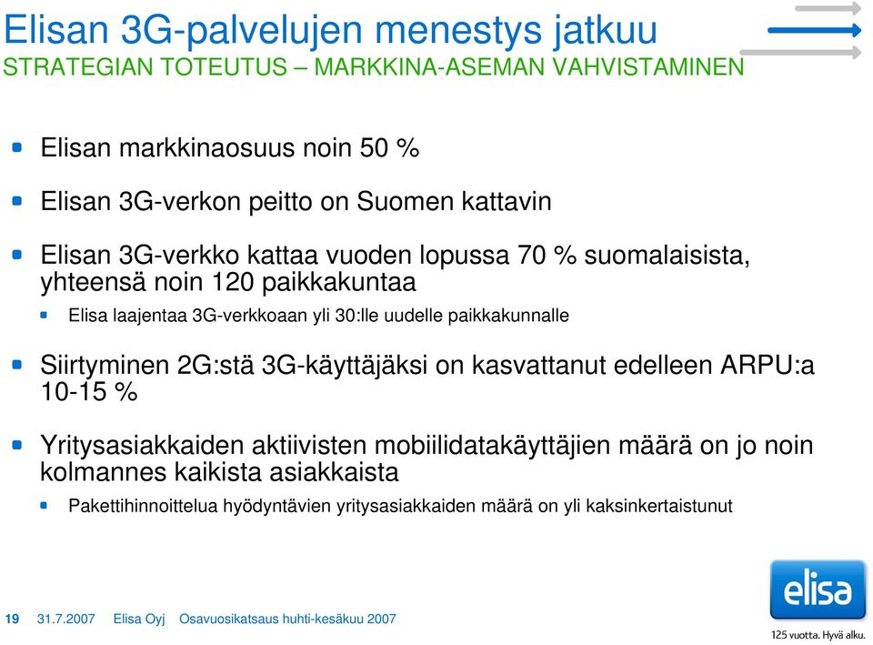 paikkakunnalle Siirtyminen 2G:stä 3G-käyttäjäksi on kasvattanut edelleen ARPU:a 10-15 % Yritysasiakkaiden aktiivisten mobiilidatakäyttäjien määrä on jo noin