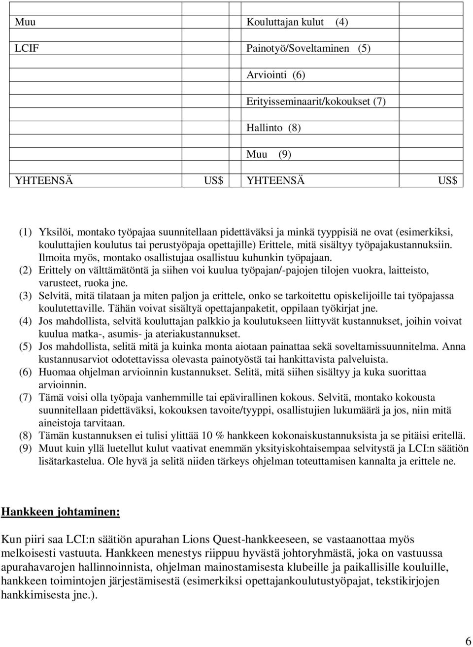 Ilmoita myös, montako osallistujaa osallistuu kuhunkin työpajaan. (2) Erittely on välttämätöntä ja siihen voi kuulua työpajan/-pajojen tilojen vuokra, laitteisto, varusteet, ruoka jne.