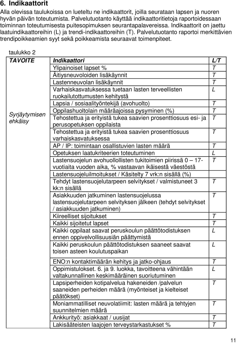 Indikaattorit on jaettu laatuindikaattoreihin () ja trendi-indikaattoreihin (). Palvelutuotanto raportoi merkittävien trendipoikkeamien syyt sekä poikkeamista seuraavat toimenpiteet.