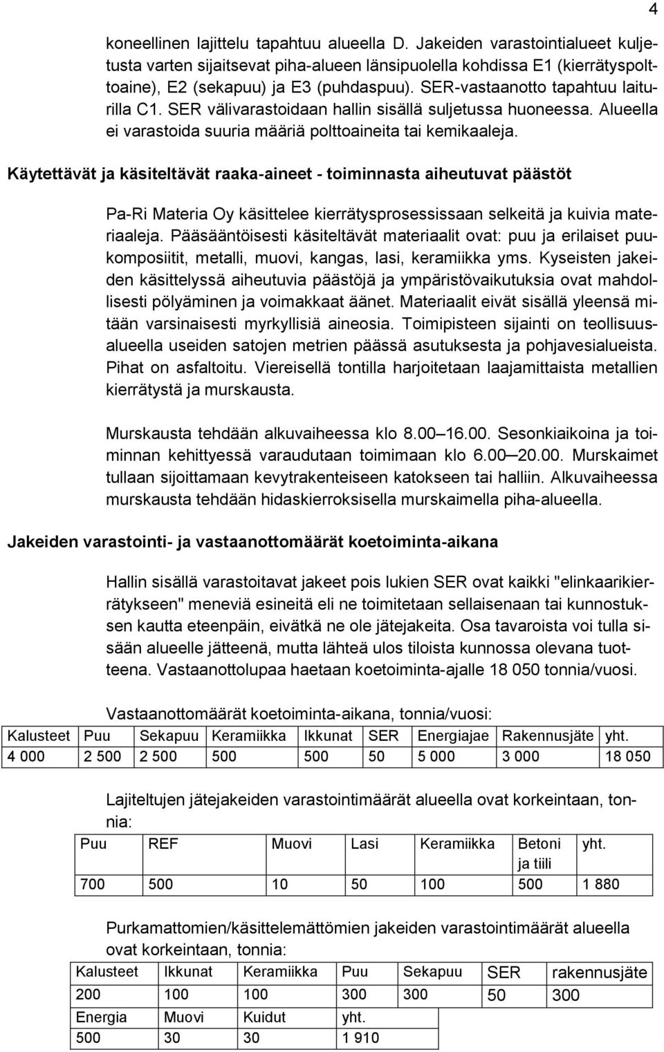 Käytettävät ja käsiteltävät raaka-aineet - toiminnasta aiheutuvat päästöt Pa-Ri Materia Oy käsittelee kierrätysprosessissaan selkeitä ja kuivia materiaaleja.