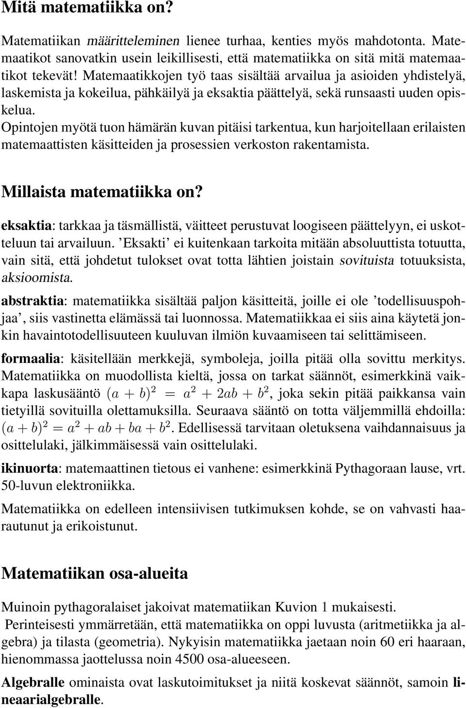 Opintojen myötä tuon hämärän kuvan pitäisi tarkentua, kun harjoitellaan erilaisten matemaattisten käsitteiden ja prosessien verkoston rakentamista. Millaista matematiikka on?
