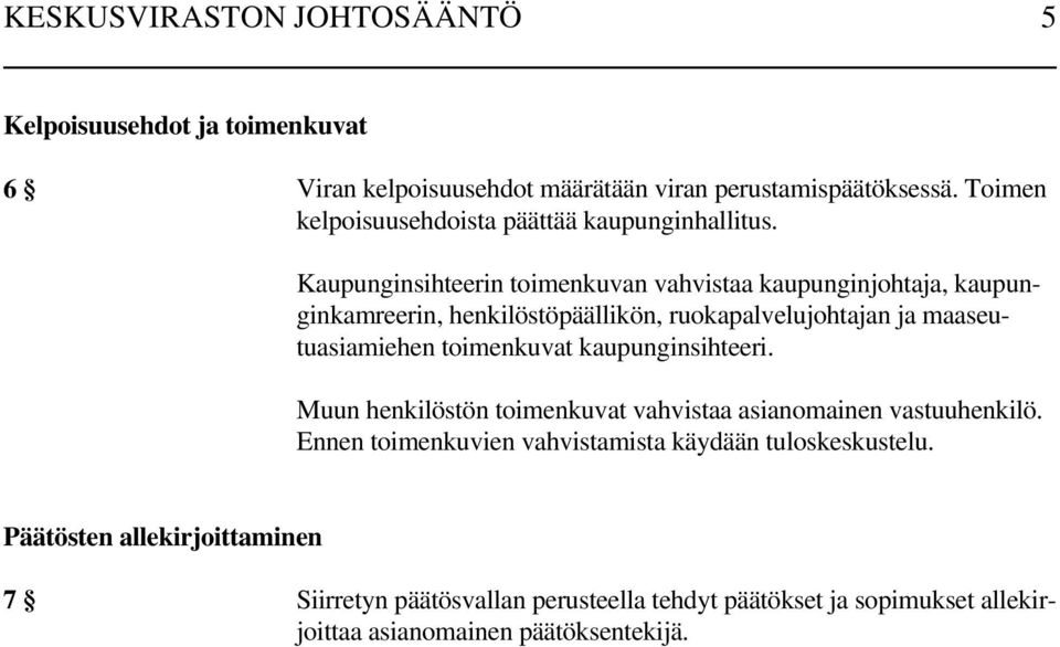 Kaupunginsihteerin toimenkuvan vahvistaa kaupunginjohtaja, kaupunginkamreerin, henkilöstöpäällikön, ruokapalvelujohtajan ja maaseu- vastuuhenkilö.