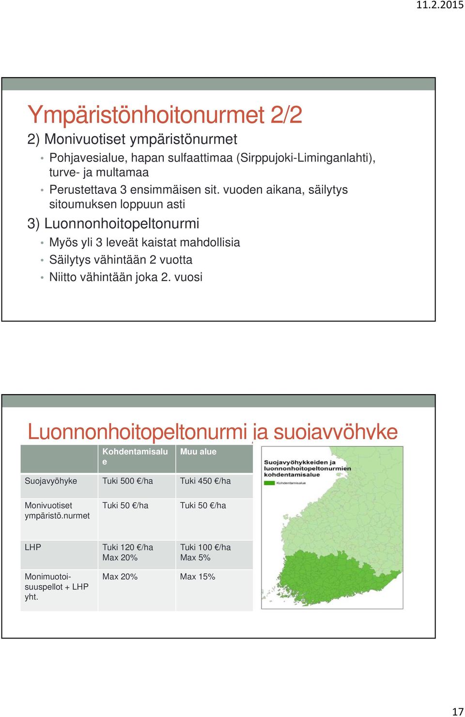 vuoden aikana, säilytys sitoumuksen loppuun asti 3) Luonnonhoitopeltonurmi Myös yli 3 leveät kaistat mahdollisia Säilytys vähintään 2 vuotta Niitto