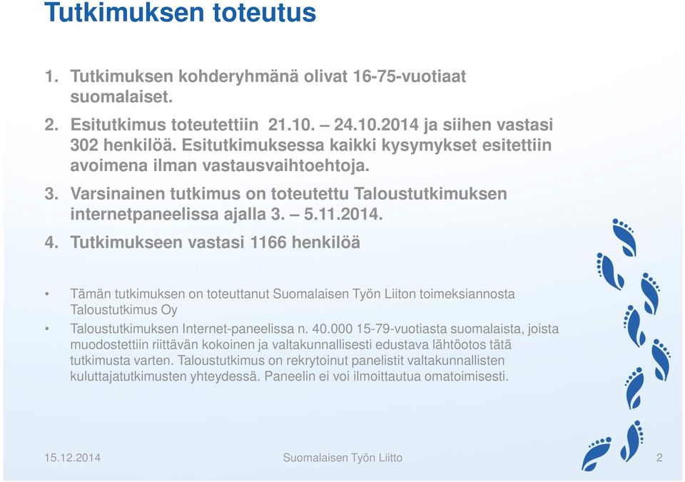 Tutkimukseen vastasi 1166 henkilöä Tämän tutkimuksen on toteuttanut Suomalaisen Työn Liiton toimeksiannosta Taloustutkimus Oy Taloustutkimuksen Internet-paneelissa n. 40.