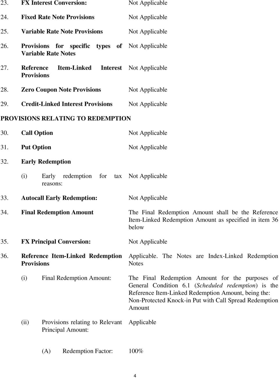 Credit-Linked Interest Provisions Not Applicable PROVISIONS RELATING TO REDEMPTION 30. Call Option Not Applicable 31. Put Option Not Applicable 32.