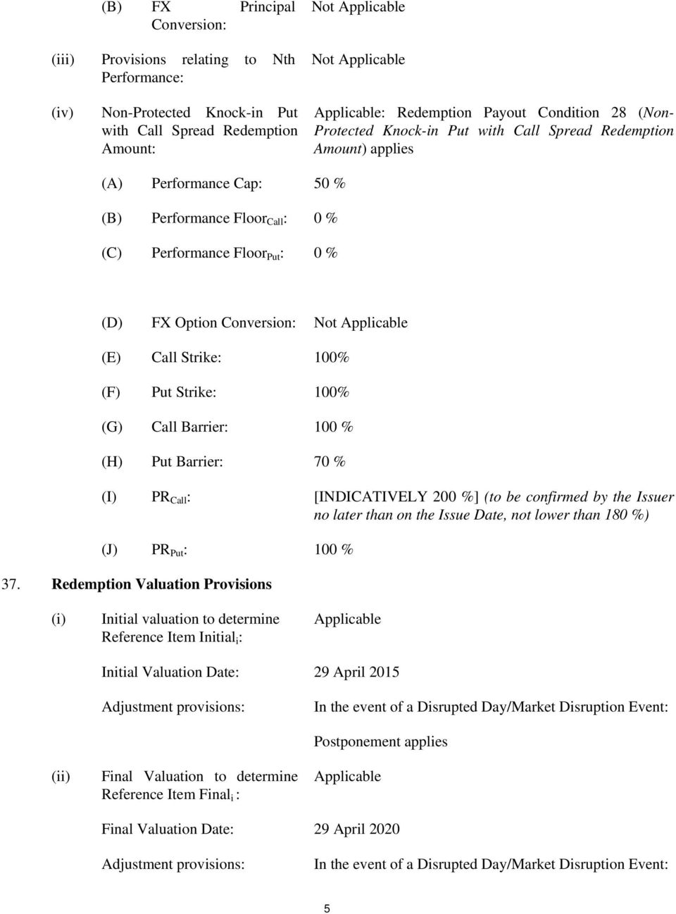 Conversion: Not Applicable (E) Call Strike: 100% (F) Put Strike: 100% (G) Call Barrier: 100 % (H) Put Barrier: 70 % (I) PR Call : [INDICATIVELY 200 %] (to be confirmed by the Issuer no later than on