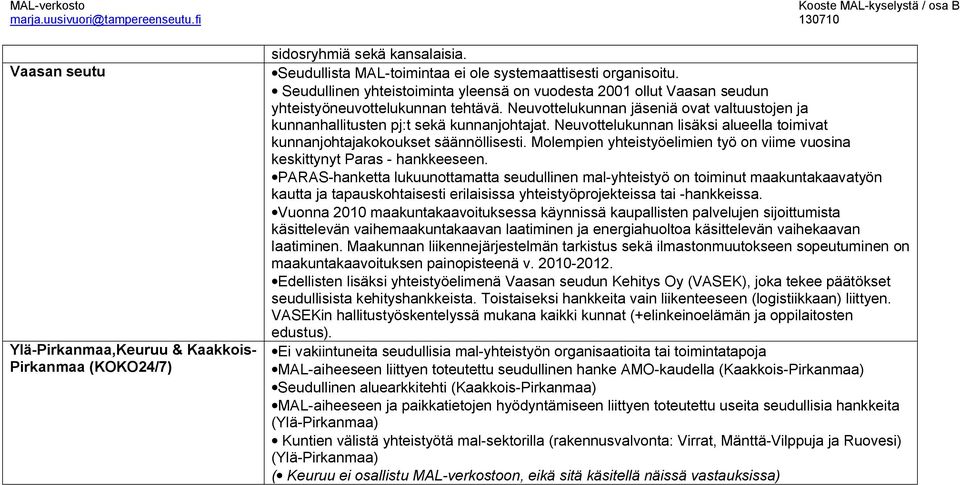 Neuvottelukunnan lisäksi alueella toimivat kunnanjohtajakokoukset säännöllisesti. Molempien yhteistyöelimien työ on viime vuosina keskittynyt Paras hankkeeseen.