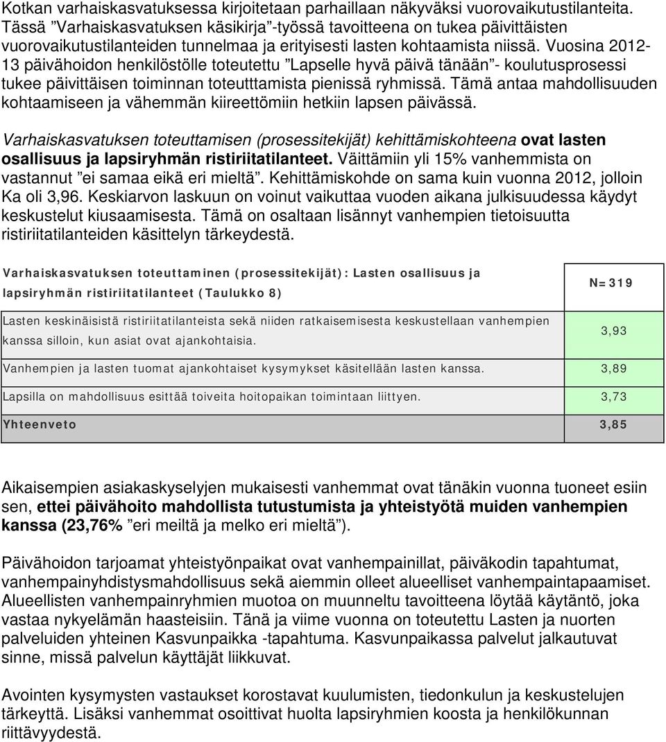 Vuosina 2012-13 päivähoidon henkilöstölle toteutettu Lapselle hyvä päivä tänään - koulutusprosessi tukee päivittäisen toiminnan toteutttamista pienissä ryhmissä.