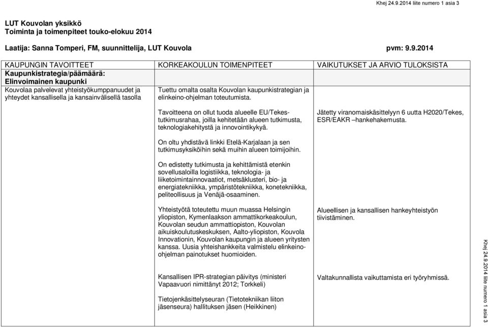 osalta Kouvolan kaupunkistrategian ja elinkeino-ohjelman toteutumista.