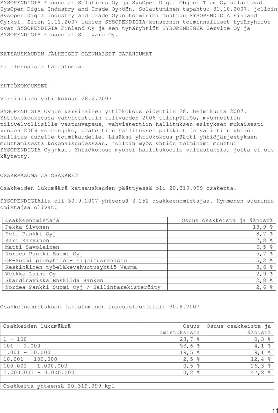 2007 lukien SYSOPENDIGIA-konsernin toiminnalliset tytäryhtiöt ovat SYSOPENDIGIA Finland Oy ja sen tytäryhtiöt SYSOPENDIGIA Service Oy ja SYSOPENDIGIA Financial Software Oy.