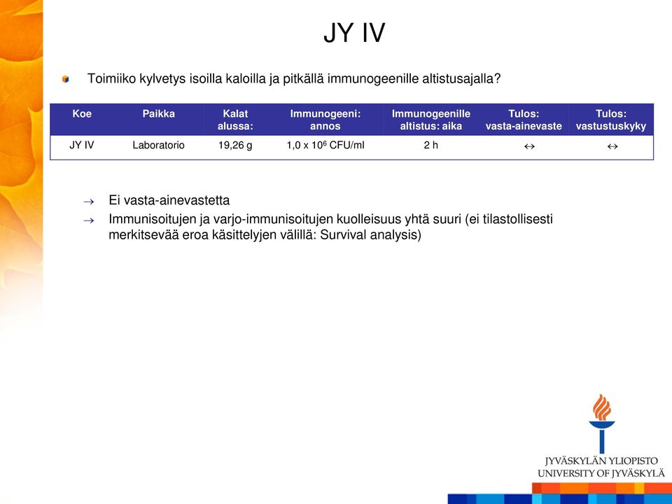 JY IV Laboratorio 19,26 g 1,0 x 10 6 CFU/ml 2 h Ei tta Immunisoitujen